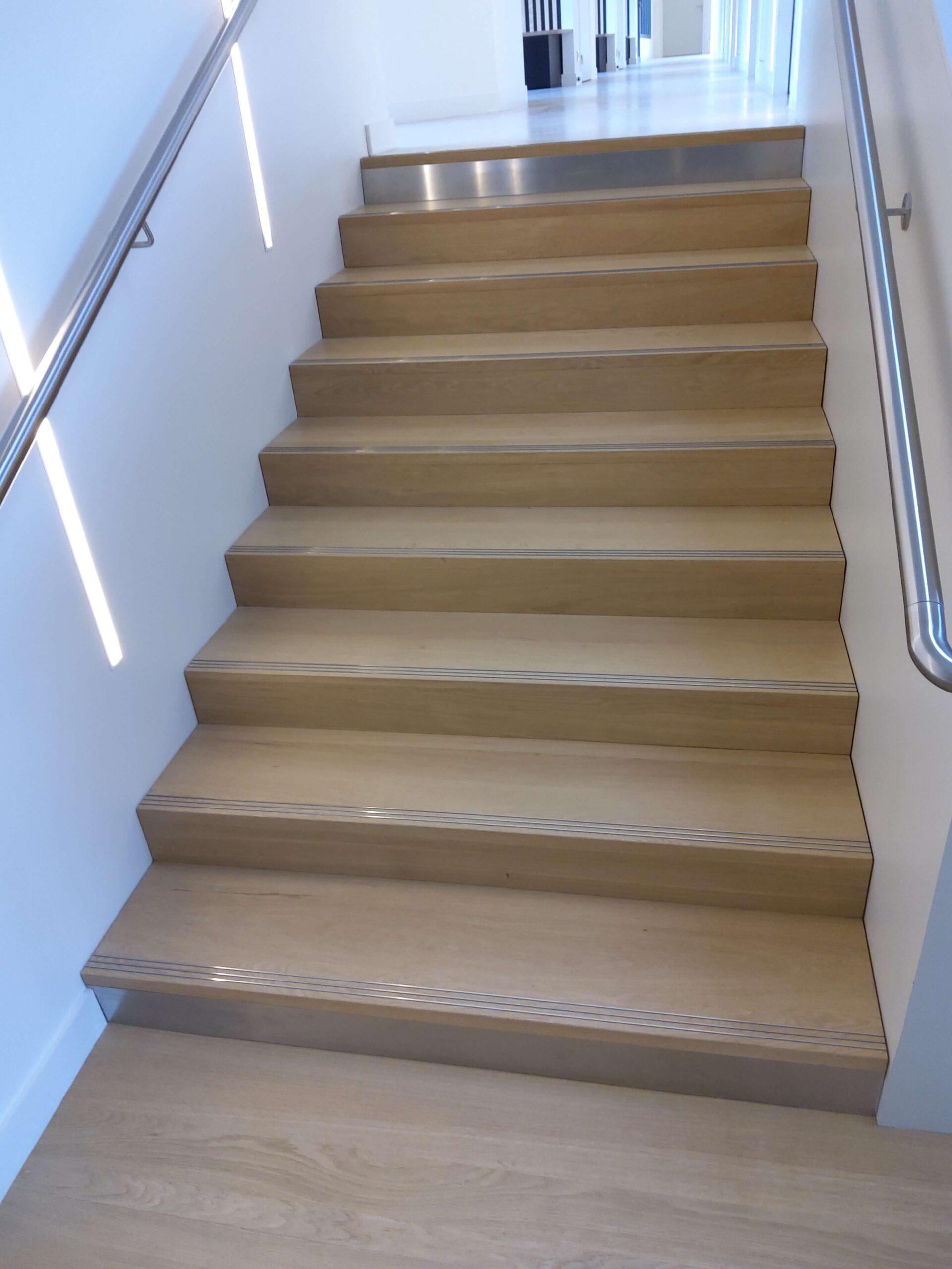 L’escalier béton habillé de marches et contre-marche en chêne massif avec incrustation de profilés inox en nez de marche.